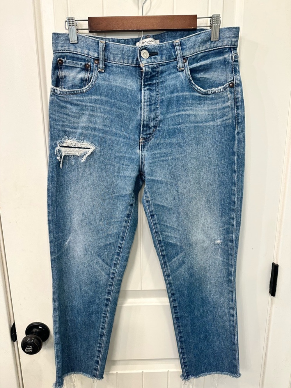 MOUSSY VINTAGE Howa Distressed Raw Hem Button Fly Jeans Blue Japan Denim